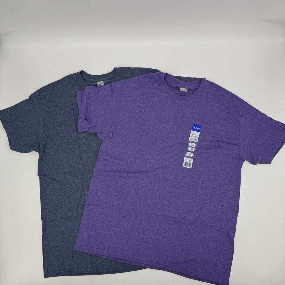 NEW Gildan T-Shirt Heather Purple Grey Cotton Polyester Unisex 2 Pack Size L